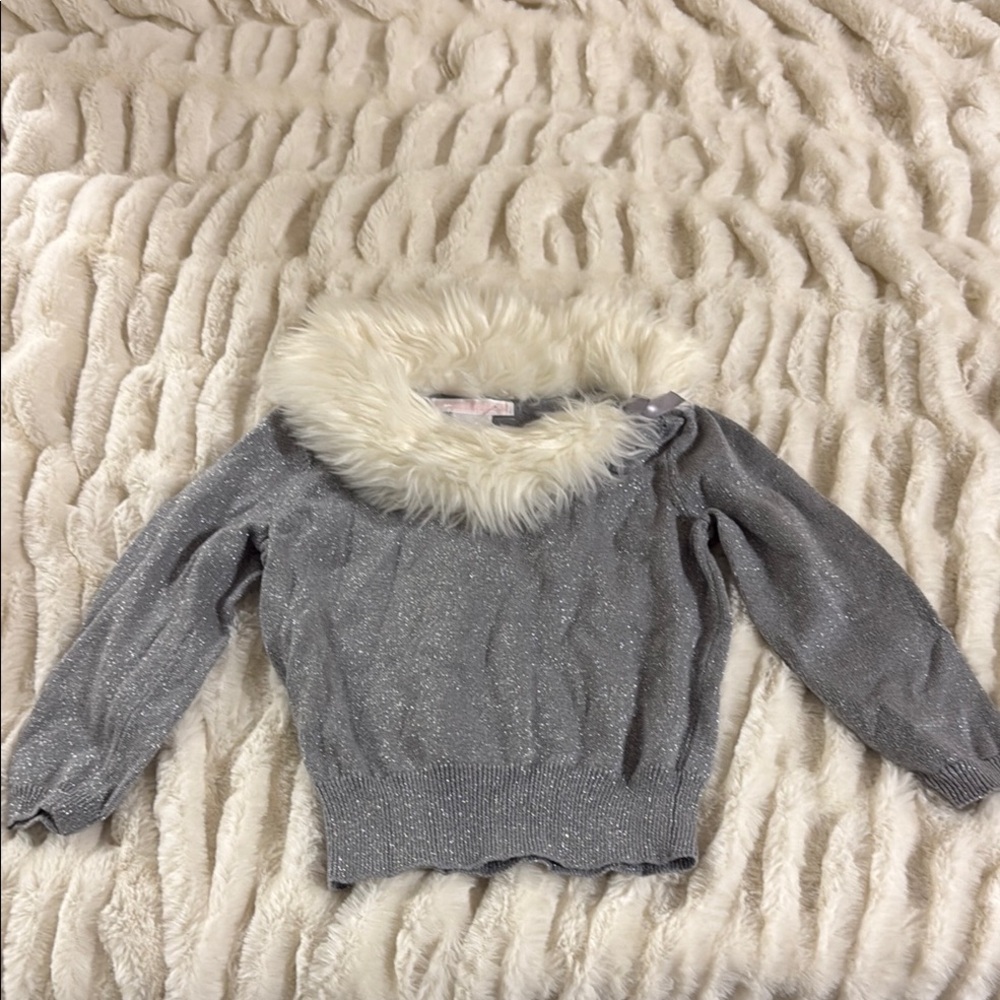 Janie and jack Sparkle Gray Sweater with Faux Fur Collar